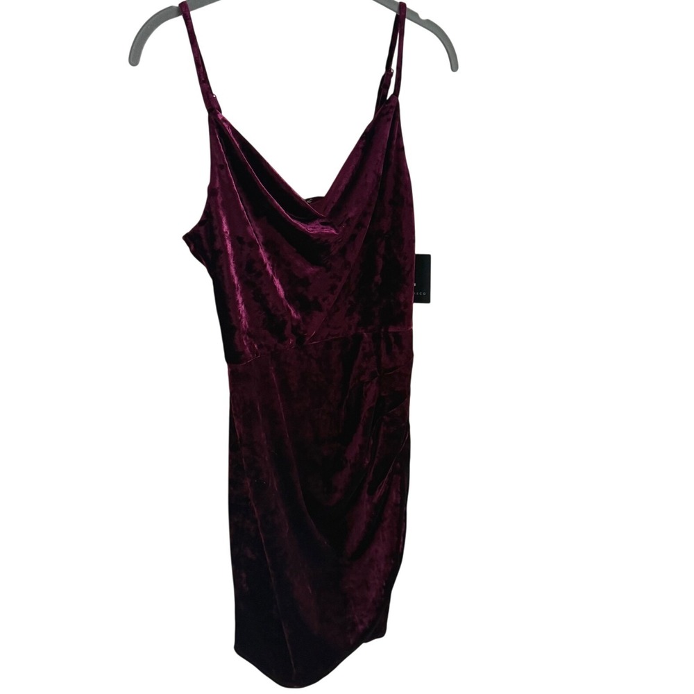 Y2K Velvet‎ Cowl Neck Mini Dress Wine Burgundy Holiday Glam Quiet Luxury Party S - Picture 3 of 6